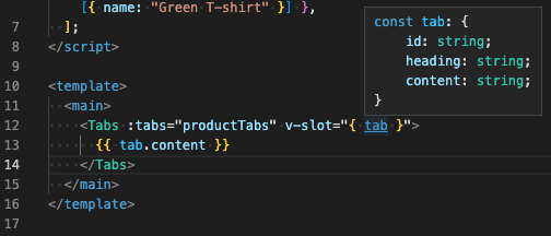Tab property available in slot has a type of "{ id: string; heading: string; content: string }"